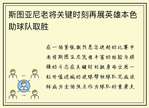 斯图亚尼老将关键时刻再展英雄本色助球队取胜